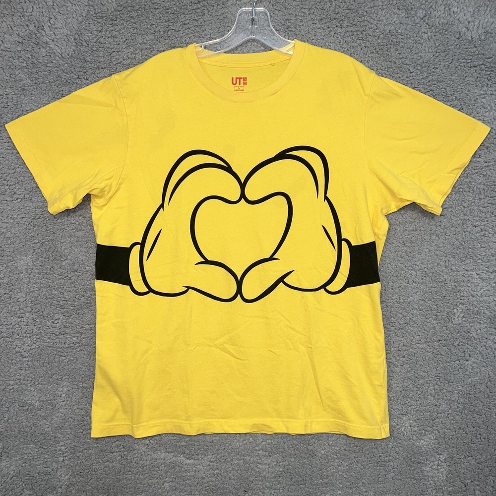 Uniqlo UT X Disney T Shirt Men's Size L Yellow Mickey Graphic Heart Hands Tee